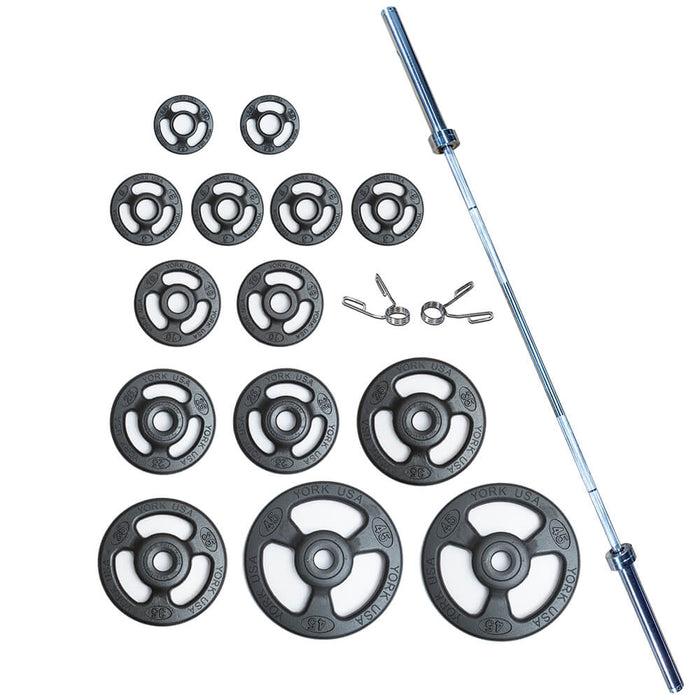 York Barbell Steel Iso-Grip 300lb Plate and Barbell Set