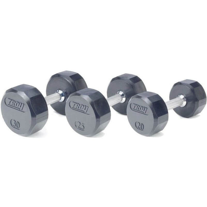 TROY 5-100lb Rubber Encased 12-Sided Dumbbell Set with Saddle Racks