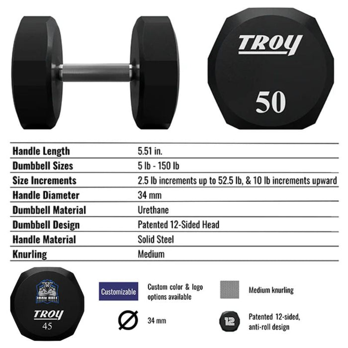 Troy 12-Sided Urethane Encased Dumbbell Sets (Sold in 5lb Increments)